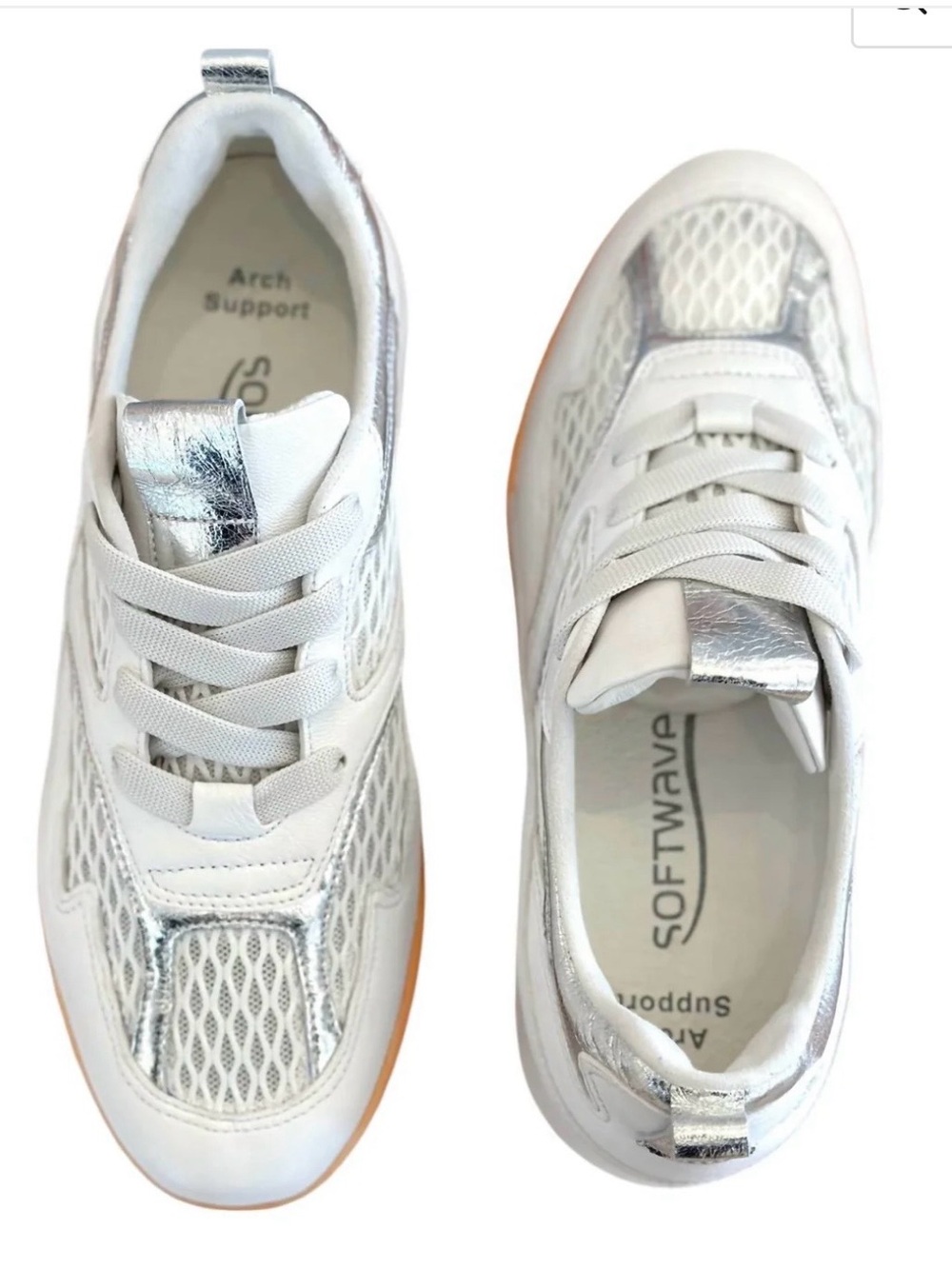 New Softwaves Sun Sneaker in White & Metallic Silver, EU 38 = U.S. Size 7.5